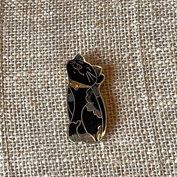 Cloisonne black cat brooch pin gold tone - Picture 2 of 6